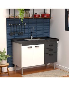 Balcão Gabinete Elo para Cozinha sem Tampo 2 Portas e 3 Gavetas 1,14 Branco/Grafite