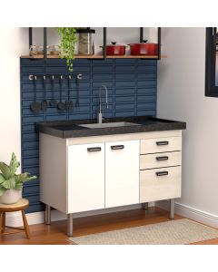 Balcão Gabinete Elo para Cozinha sem Tampo 2 Portas e 3 Gavetas 1,14 Branco/Maple