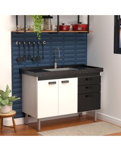 Balcão Gabinete Elo para Cozinha sem Tampo 2 Portas e 3 Gavetas 1,14 Branco/Preto