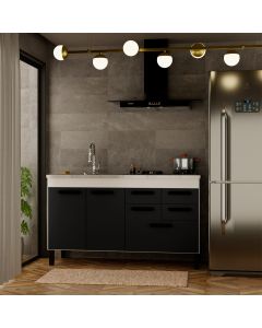 Balcão Gabinete Bella para Cozinha sem Tampo 2 Portas e 5 Gavetas 1,44 Branco/Preto