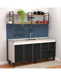 Balcão Gabinete Bella para Cozinha sem Tampo 3 Portas e 5 Gavetas 1,74 Branco/Preto