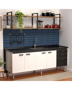Balcão Gabinete Elo para Cozinha sem Tampo 4 Portas e 3 Gavetas 1,94 Branco/Preto