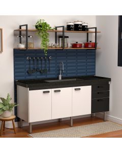 Balcão Gabinete Elo para Cozinha sem Tampo 3 Portas e 3 Gavetas 1,74 Branco/Preto